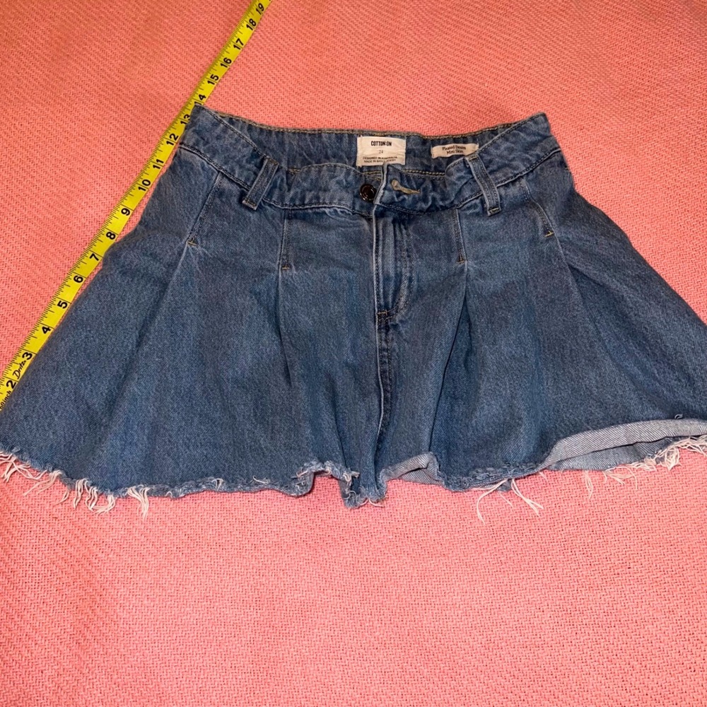 Cotton On Women Blue Pleated Denim Mini Skirt Raw Hem Size 24